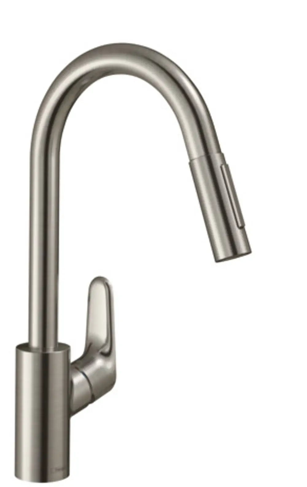 Küchenarmatur von Hansgrohe mit einem gewölbten Auslauf und einer ausziehbaren Brause. Der Griff befindet sich seitlich am Basiszylinder. Oberfläche in Edelstahl-Optik.